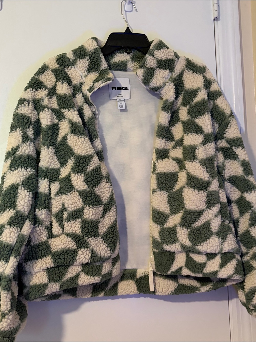 RSQ Green & Cream Abstract Sherpa Zip Jacket